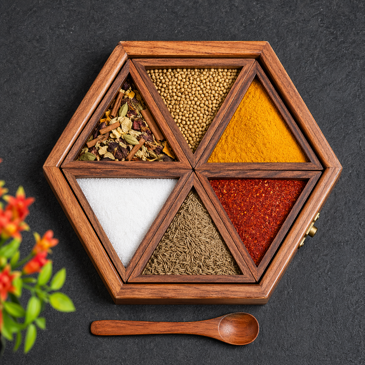 ChatGPT Image Apr 24, 2026, 11_57_04 PM Hexagon Wooden Masala Box | Designer Spice Organizer Tray with Compartments - Image 1